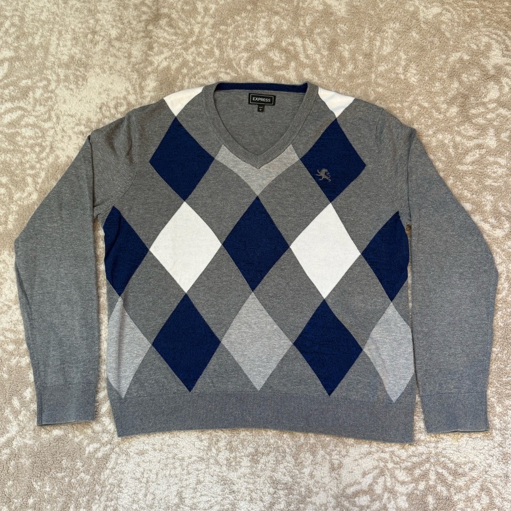 Vintage Y2K  nerdy Express V-Neck Argyle golf preppy Sweater Gray and Blue L